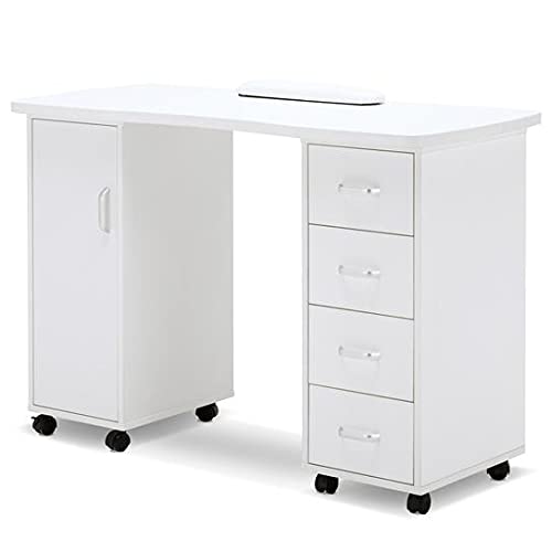 BarberPub Manicure Table, Acetone Resistant Nail Desk, Nail Table with 4 Drawers, 2 Cabinet, Lockable Wheels, Wrist Pad, Nail De