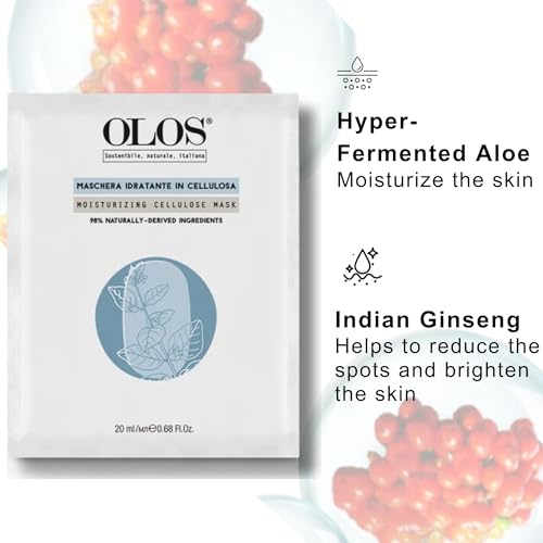 Olos Moisturizing Cellulose Mask, 0.67 Oz - Sheet Masks With Indian Ginseng, Hyper-Fermented Aloe - Antioxidant, Protective And