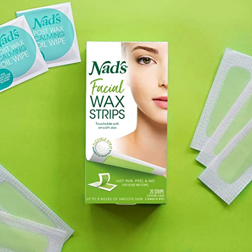 Nad's Facial Wax Strips - Hypoallergenic for All Skin Types, 20 Count Waxing Kit with Calming Oil Wipes & Skin Protection Powder