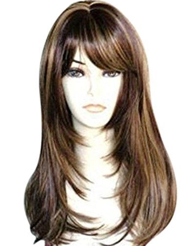 Kalyss Brown With Highlights Yaki Synthetic Women'S Wig With Hair Bangs Centre Parting Long Straight Layered Heat Resistant Synt