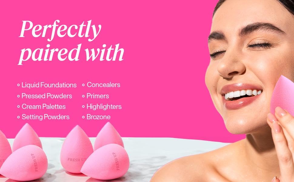 Fresh Up - Original-Pink - Beauty-Blender - Makeup-Sponge - Super-Soft - Foundation-Sponge, Powders, Blush Creams, Reusable, Was