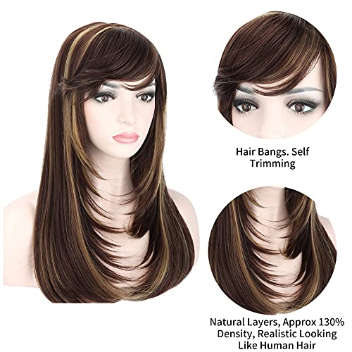 Kalyss Brown With Highlights Yaki Synthetic Women'S Wig With Hair Bangs Centre Parting Long Straight Layered Heat Resistant Synt
