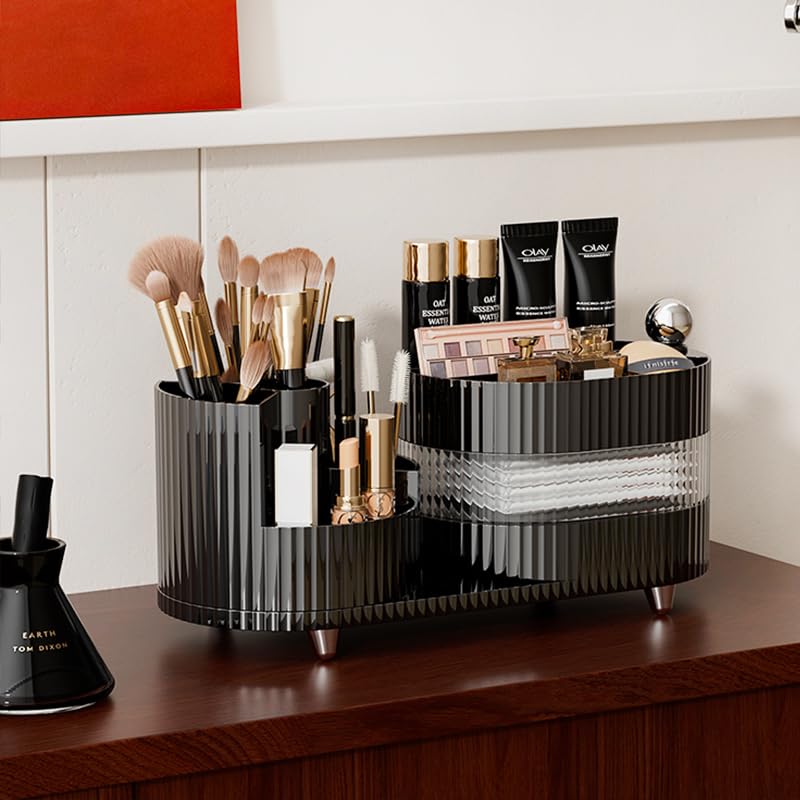 Rotating Makeup Organizer For Vanity With Brush Holder And Drawer, 3 Layer Cosmetic Makeup Storage, Large Makeup Skincare Organi