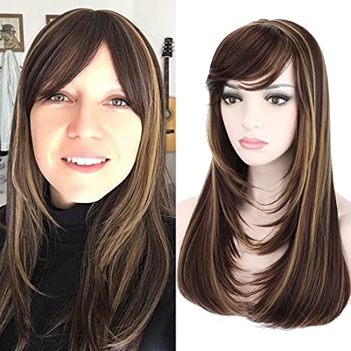 Kalyss Brown With Highlights Yaki Synthetic Women'S Wig With Hair Bangs Centre Parting Long Straight Layered Heat Resistant Synt