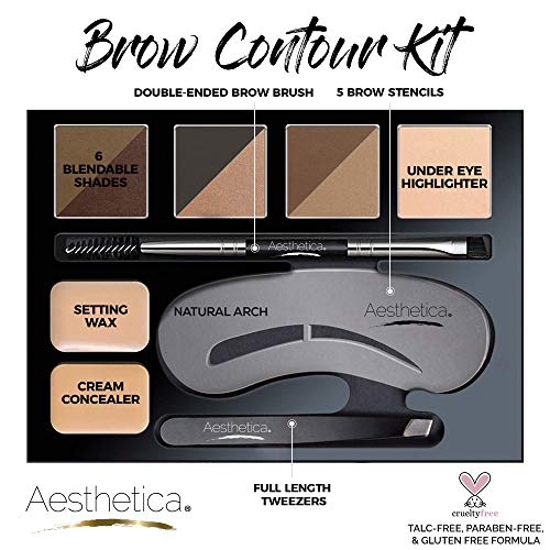 Aesthetica Brow Contour Kit 16-Piece Eyebrow Makeup Palette Set 6 Eyebrow Powders, 5 Eyebrow Stencils, Spooliebrush Duo, Tweezer