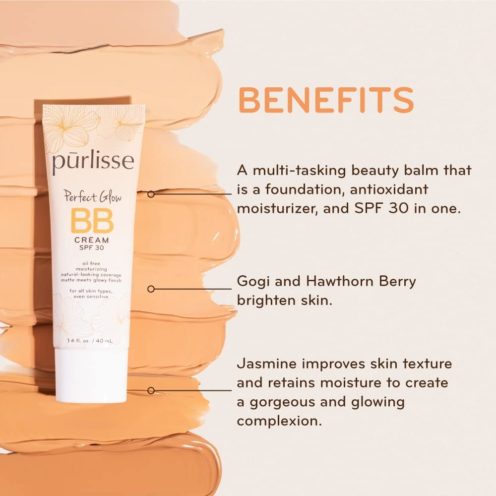 Purlisse Perfect Glow Bb Cream Spf 30: Clean & Cruelty-Free, Medium Flawless Coverage, Hydrates With Jasmine | Tan Deep 1.4Oz