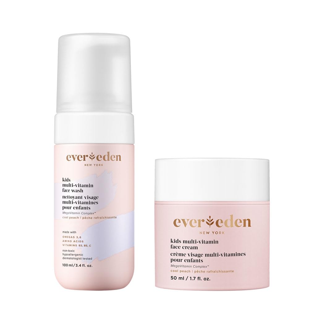Evereden Kids Happy Face Duo (Cool Peach) - Multi-Vitamin Kids Face Wash & Cream Set - Clean, Vegan Skin Care for 3+ - Moisturiz