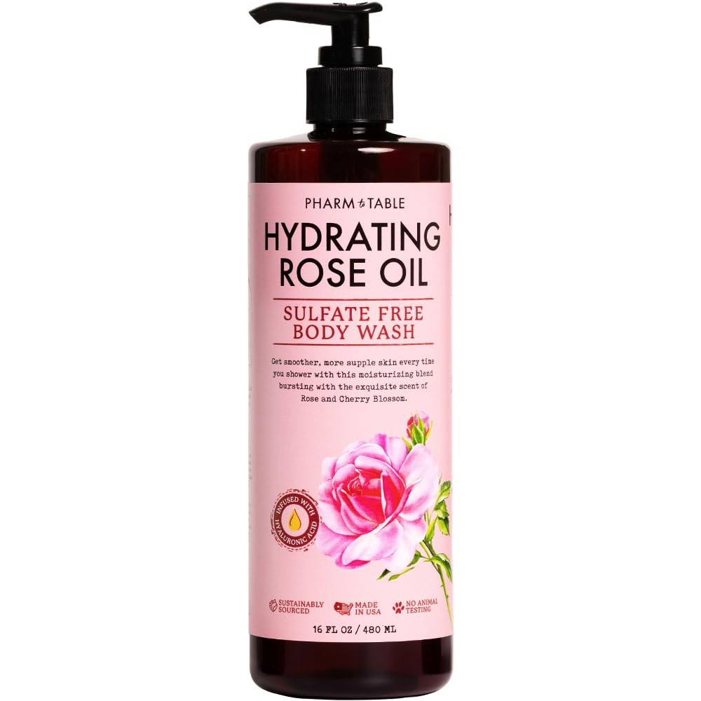 PHARM TO TABLE Hydrating Rose Oil Body Wash for Women and Men - Hydrates and Brightens the Skin, Sulfate Free, 100% Cruelty Free