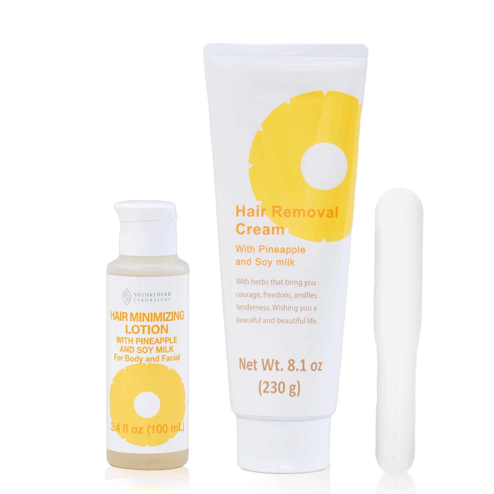 SUZUKI HERB LABORATORY Hair Removal Cream (8.1 OZ / 230g) and Hair Minimizing Lotion (3.52 FL. OZ / 100mL) with Pineapple and So