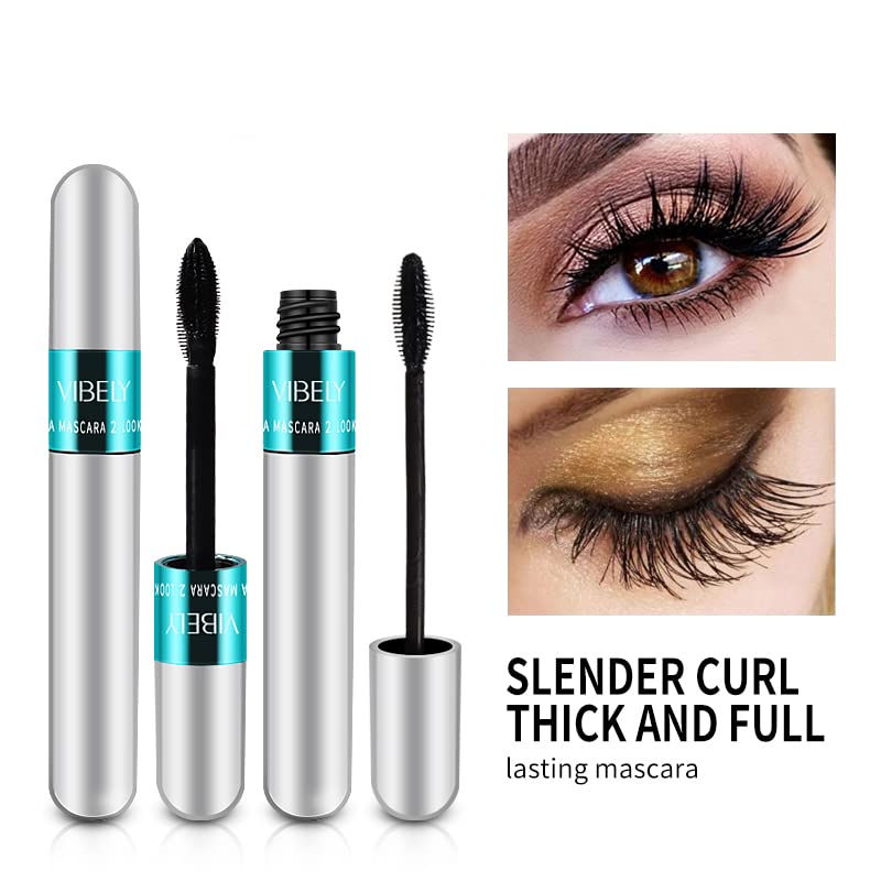 KUNSHNBEI 4 Pack VIBELY Mascara - 5x Longer, Washable, 2 in 1 4D Silk Fiber, No Clumping, Long-lasting Black