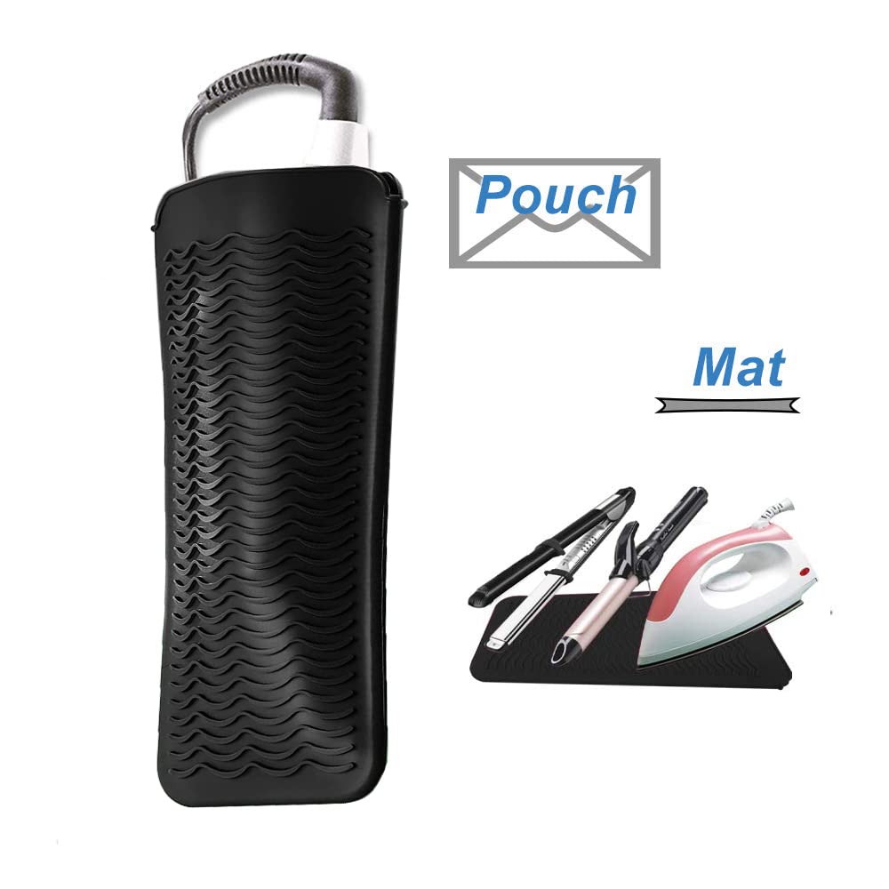 Heat Resistant Silicone Mat And Glove Set For Hair Straighteners And Flat Irons - 11'' X 6'' Mat, 8.7'' X 5.2'' Bump Glove, Blac