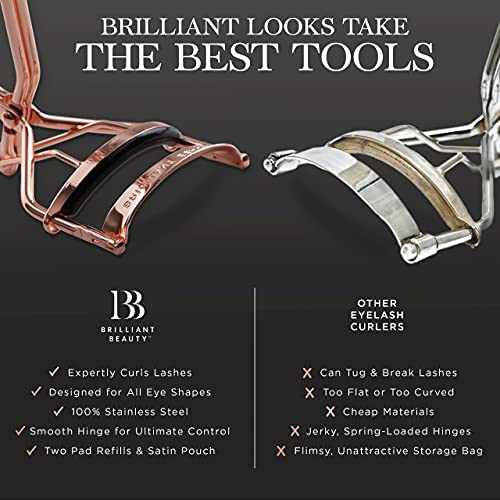 Brilliant Beauty Eyelash curler with Satin Bag & Refill Pads - Award Winning - No Pinching, Just Dramatically curled Eyelashes f