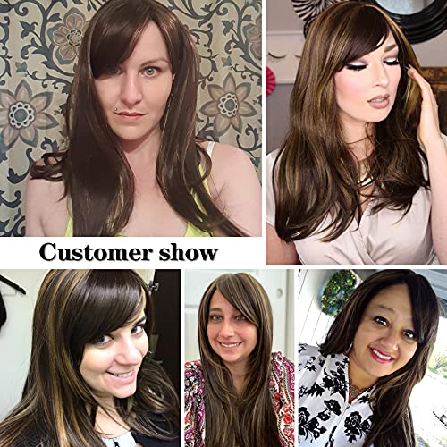 Kalyss Brown With Highlights Yaki Synthetic Women'S Wig With Hair Bangs Centre Parting Long Straight Layered Heat Resistant Synt