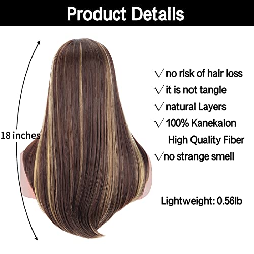 Kalyss Brown With Highlights Yaki Synthetic Women'S Wig With Hair Bangs Centre Parting Long Straight Layered Heat Resistant Synt