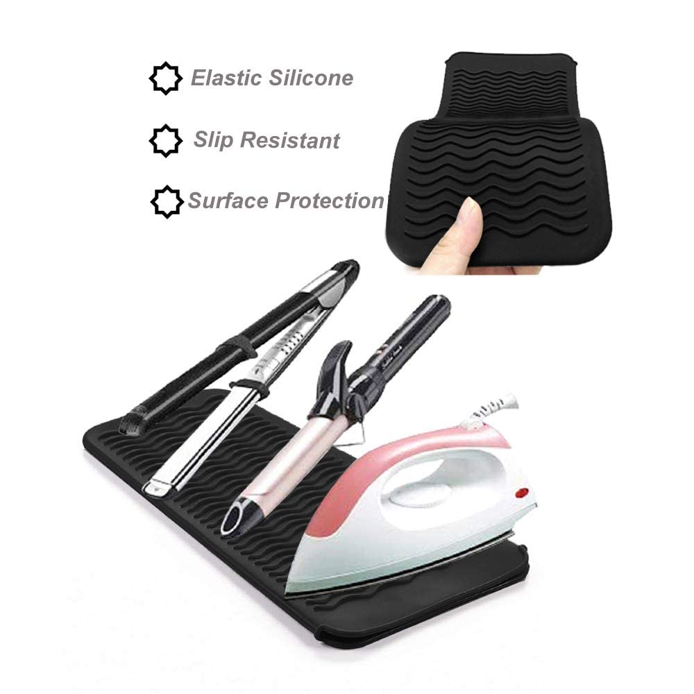 Heat Resistant Silicone Mat And Glove Set For Hair Straighteners And Flat Irons - 11'' X 6'' Mat, 8.7'' X 5.2'' Bump Glove, Blac