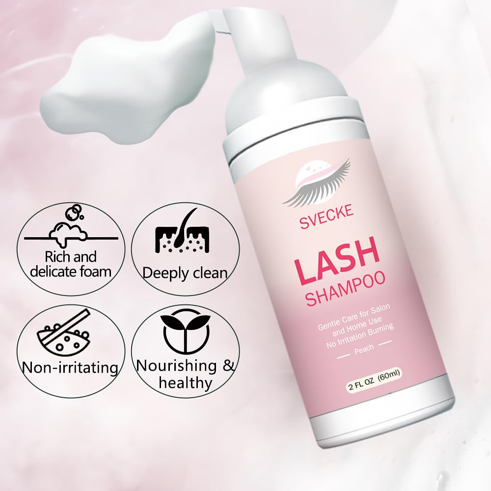 Svecke Lash Shampoo Kit For Eyelash Extension, Eyelash Shampoo 2 Fl.Oz / 60Ml, Eyelash Extension Cleanser, Lash Eyelid Foam Clea