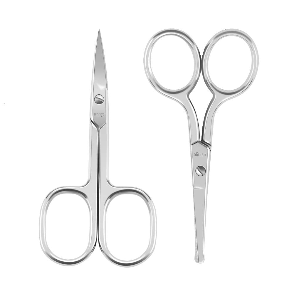LIVINGO Premium Curved and Rounded Nose Hair Scissors for Men, 2 PC Set Nail Cuticle Manicure Scissors Shears Kit for Beard/Must