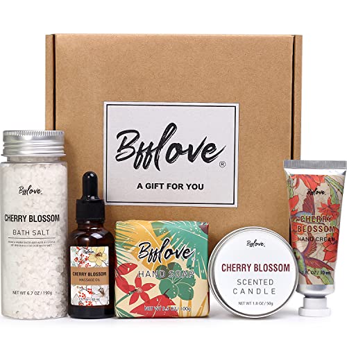 Spa Gifts For Women, Bff Love-5Pcs Cherry Blossom Spa Gifts Box For Her, Spa Kit Gift Set For Women With Massage Oil, Scented Ca