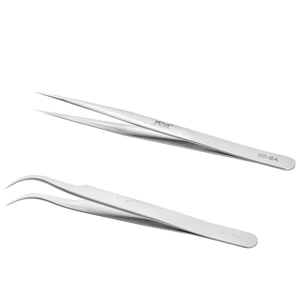 EMEDA Eyelash Extension Tweezers 2 Pieces VETUS Straight and J Curved Tweezers for Eyelash Extensions Precision Lashing Tweezers