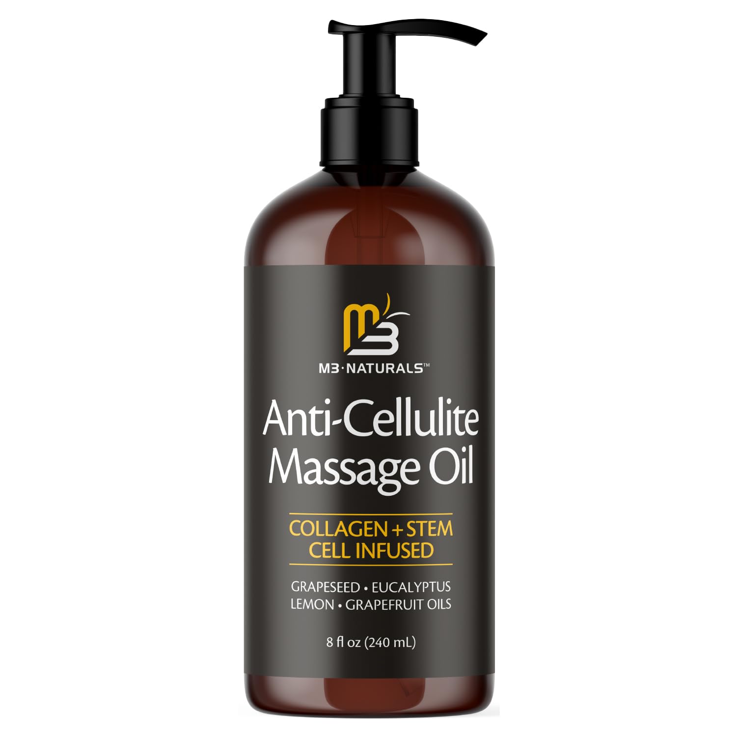 M3 Naturals Anti Cellulite Massage Oil & Firm Dry Brush Kit - Collagen & Stem Cell Skin Tightening, 4 Fl Oz (Pack of 2) for Radiant Skin