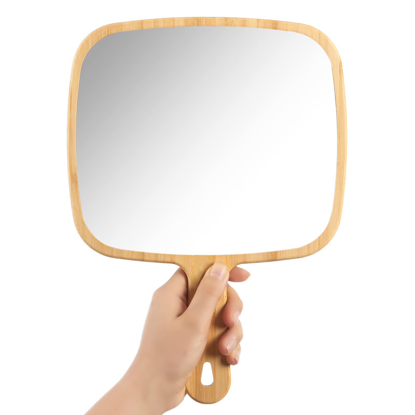 YEAKE Hand Mirror,Extra Large Natural Bamboo Handheld Mirror with Handle, Single-Sided Portable Travel Vanity Mirror for Men & W