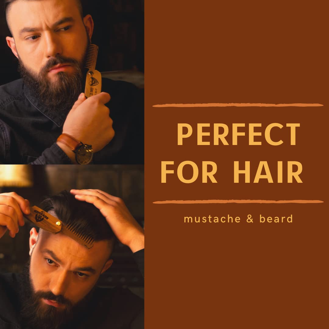 Beard Comb For Men Pocket Folding Combs For Mustache & Hair Travel Natural Wooden Comb With Real Man Engraving - Perfect For Use