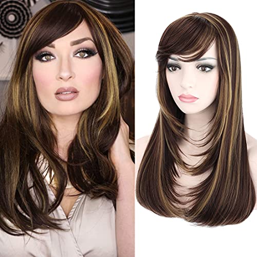 Kalyss Brown With Highlights Yaki Synthetic Women'S Wig With Hair Bangs Centre Parting Long Straight Layered Heat Resistant Synt