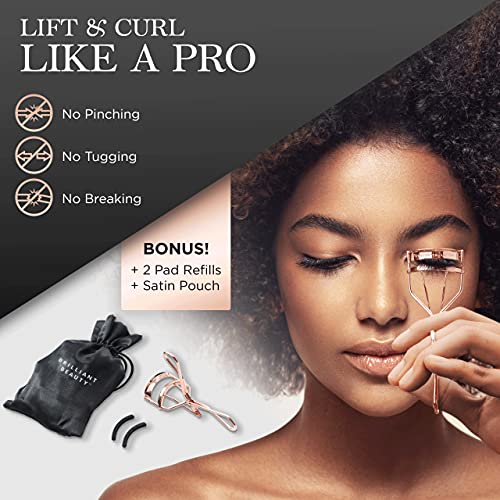 Brilliant Beauty Eyelash curler with Satin Bag & Refill Pads - Award Winning - No Pinching, Just Dramatically curled Eyelashes f