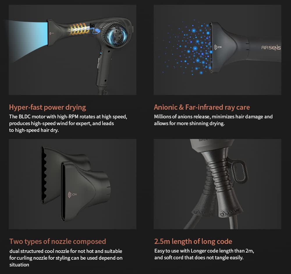 Jmw Air Sens Professional Hair Dryer - 3 Heat X 5 Wind Fast Drying, Low Noise, Curling, Durable, Best Blow Dryer Frizzy Hair, 2