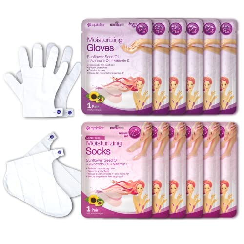 Epielle Moisturizing Hand & Foot Masks (Glove & Socks 12Pk) For Dry Hand, Dry & Cracked Heel Spa Masks Sunflower Seed Oil + Avoc