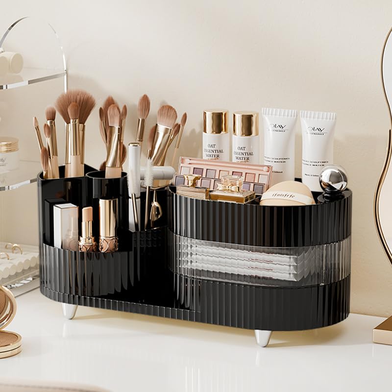 Rotating Makeup Organizer for Vanity with Brush Holder and Drawer, 3 Layer Cosmetic Makeup Storage, Large Makeup Skincare Organi