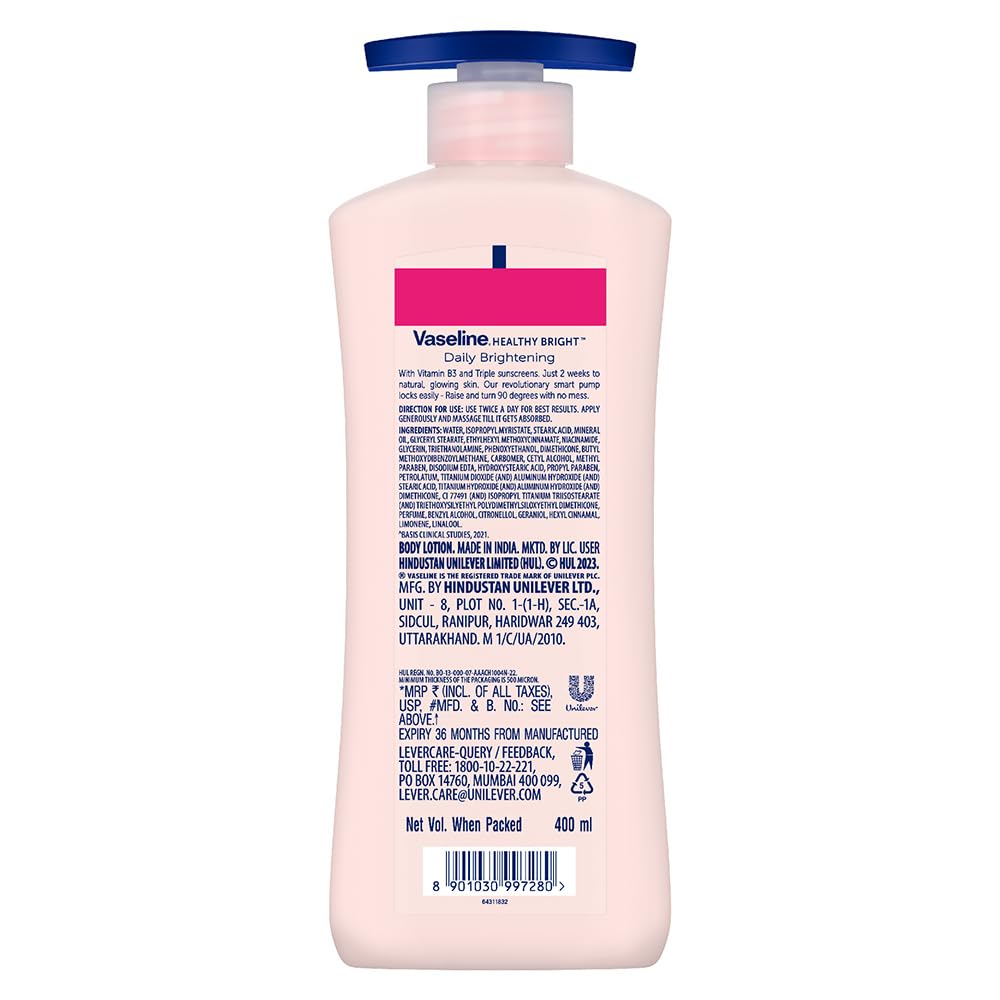 Vaseline Healthy Bright, Daily Brightening Daily Moisturizer, 400 Ml, For Glowing Skin, With Vitamin B3, Visibly Radiant Skin In