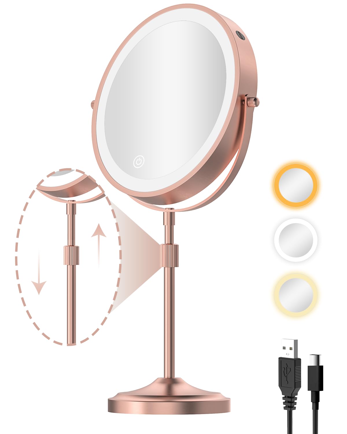 Erlingeryi 16.5-20 Inch Adjustable Height Tabletop Makeup Mirror with Lights, 5000mAh Rechargeable Battery, 8.6 Inch 1X/10X Doub