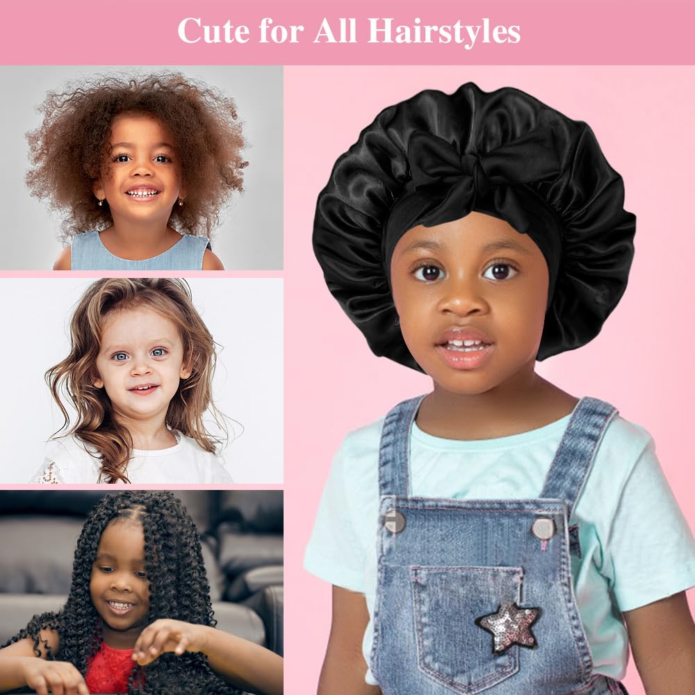 2+2 Satin Bonnets With Scrunchies For Kids, Cute Hair Bonnets For Girls Sleeping Curly Hair, F