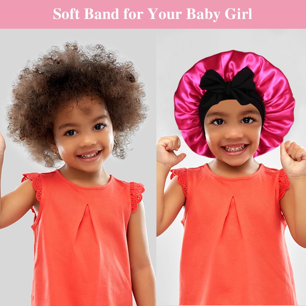 2+2 Satin Bonnets With Scrunchies For Kids, Cute Hair Bonnets For Girls Sleeping Curly Hair, F