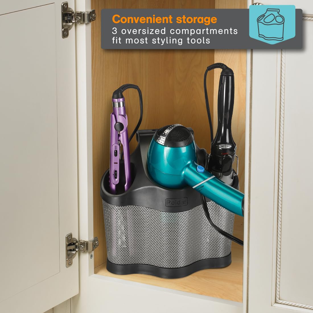 Polder Style Station, Organization For Styling Tools: Hair Dryers,Curling Irons, Straighteners, Brushes, Hang Over Towel Rack, S