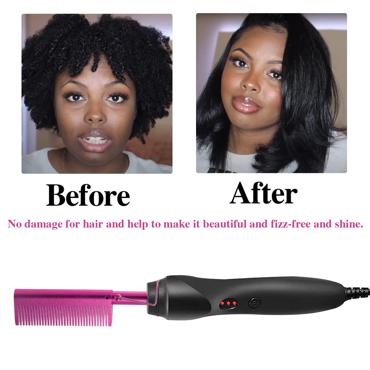 Goiple Pink Electric Hot Comb Hair Straightener for Natural Black Hair Wigs - Wide Tooth & Rat Tail Comb, Wax Stick Included