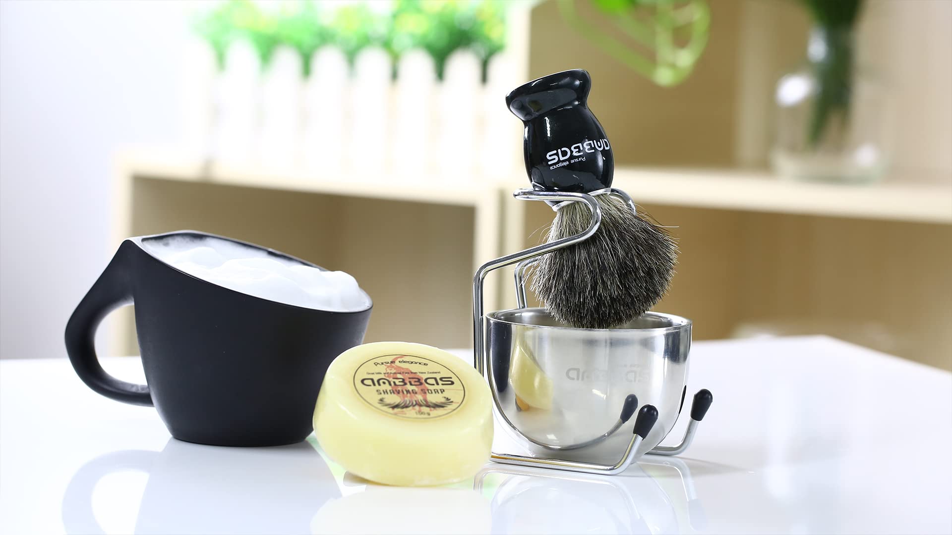 Anbbas Pure Badger Bristles Shaving Brush Black Wood Handle And Refill Soap Bar 100G,Stainless Steel Shaving Stand And Soap Cup