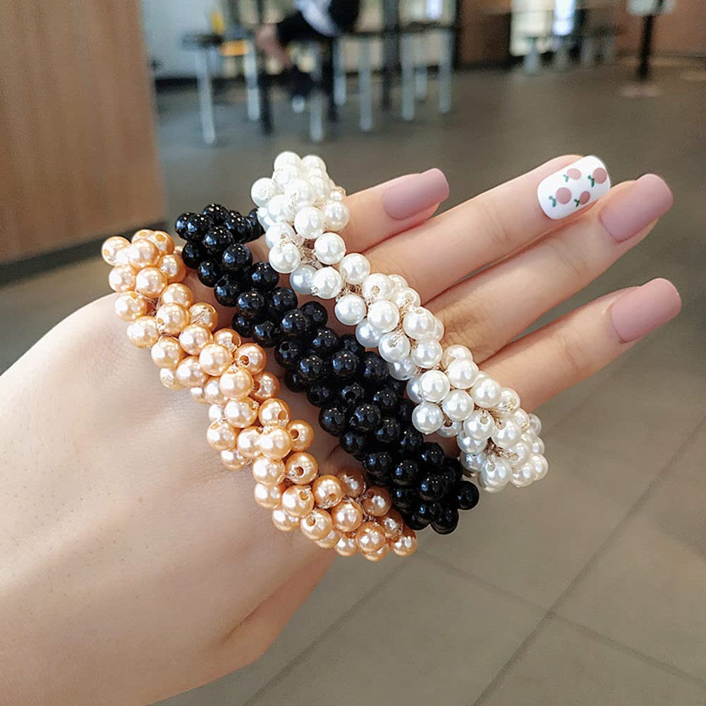 Lovef 3 Pcs Fashion Women Pearls Beads Hair Band Rope Scrunchie Ponytail Holder