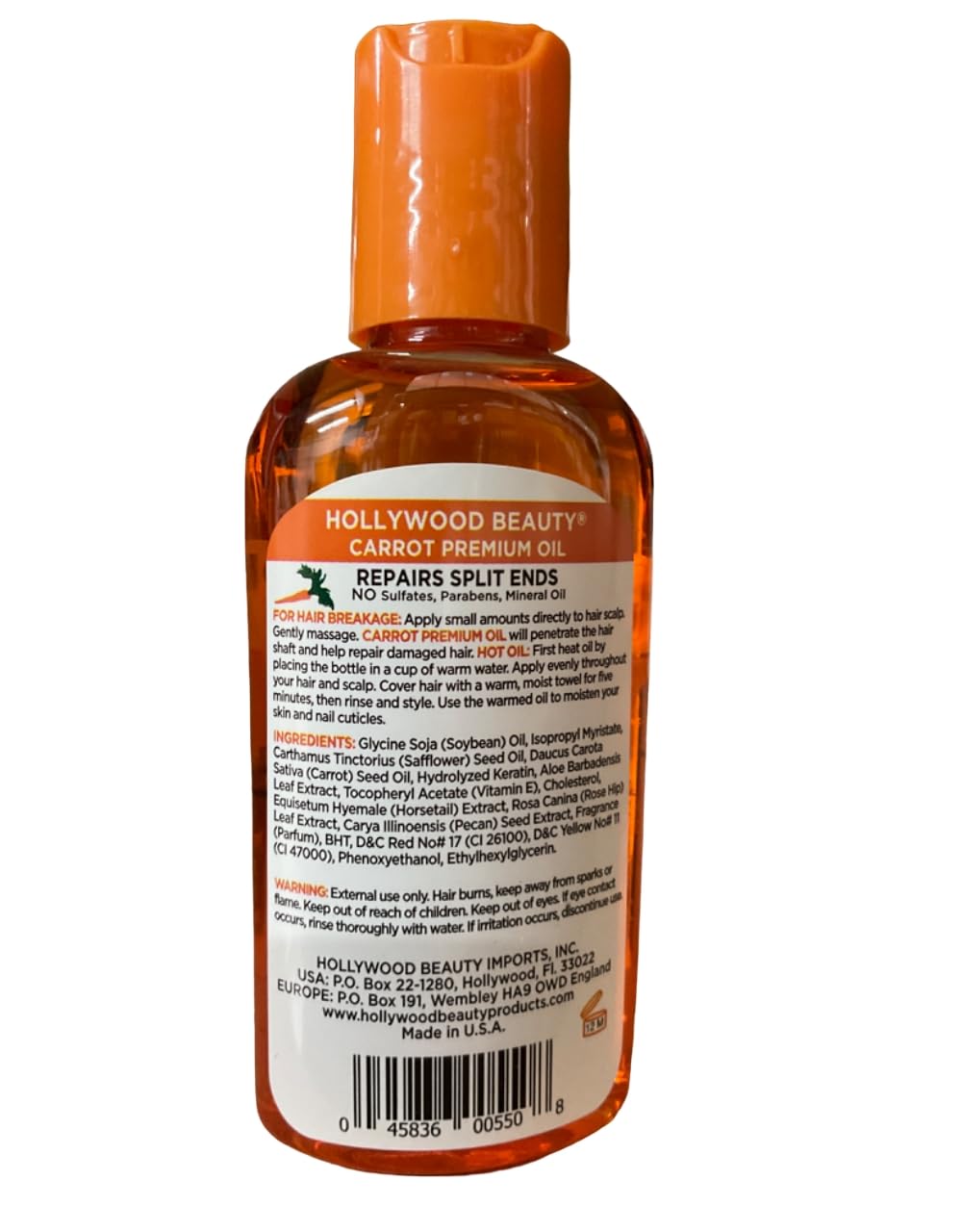 Hollywood Beauty Carrot Hair Oil, 2Oz Bottle, Hair, Scalp, Skin, Nail, & Massage Oil, Helps Repair Damaged Hair & Skin, Can Be U