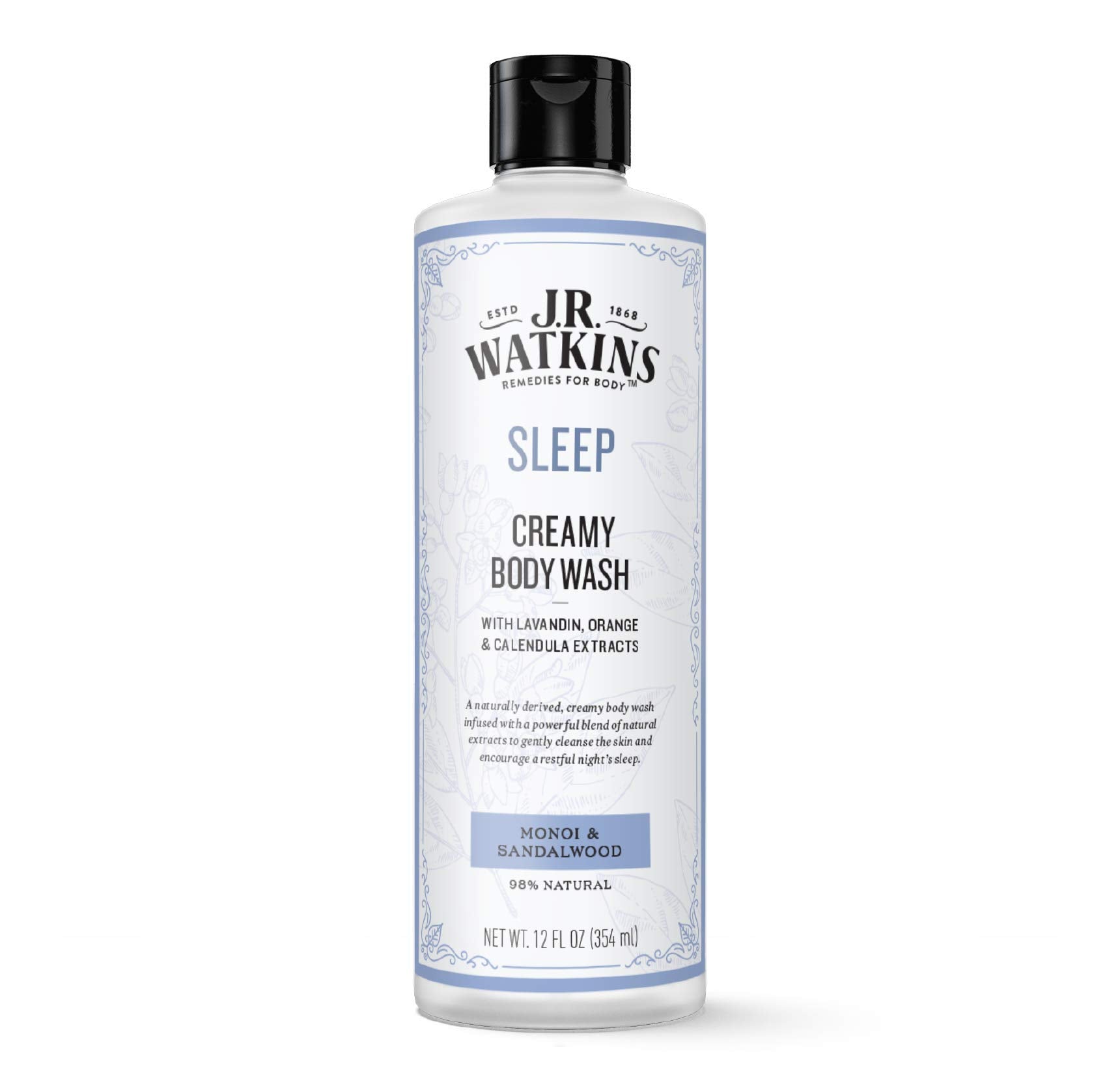 J.R. Watkins Sleep Creamy Moisturizing Body Wash, Cleanses & Encourages Restful Sleep, Natural Monoi & Sandalwood, 12 oz