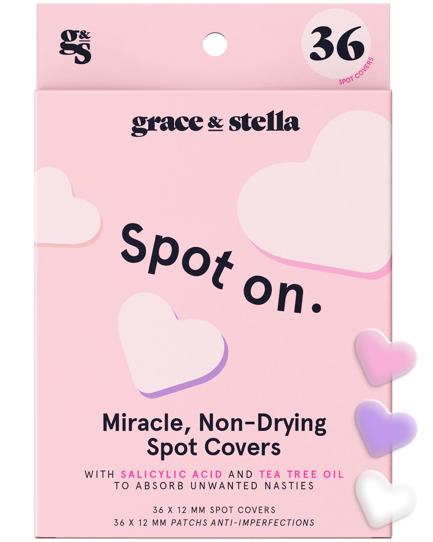 grace & stella Pimple Patches For Face (Heart, 36 Count) - Hydrocolloid Acne Patches for Face - Dermatologist Tested, Vegan, Cru