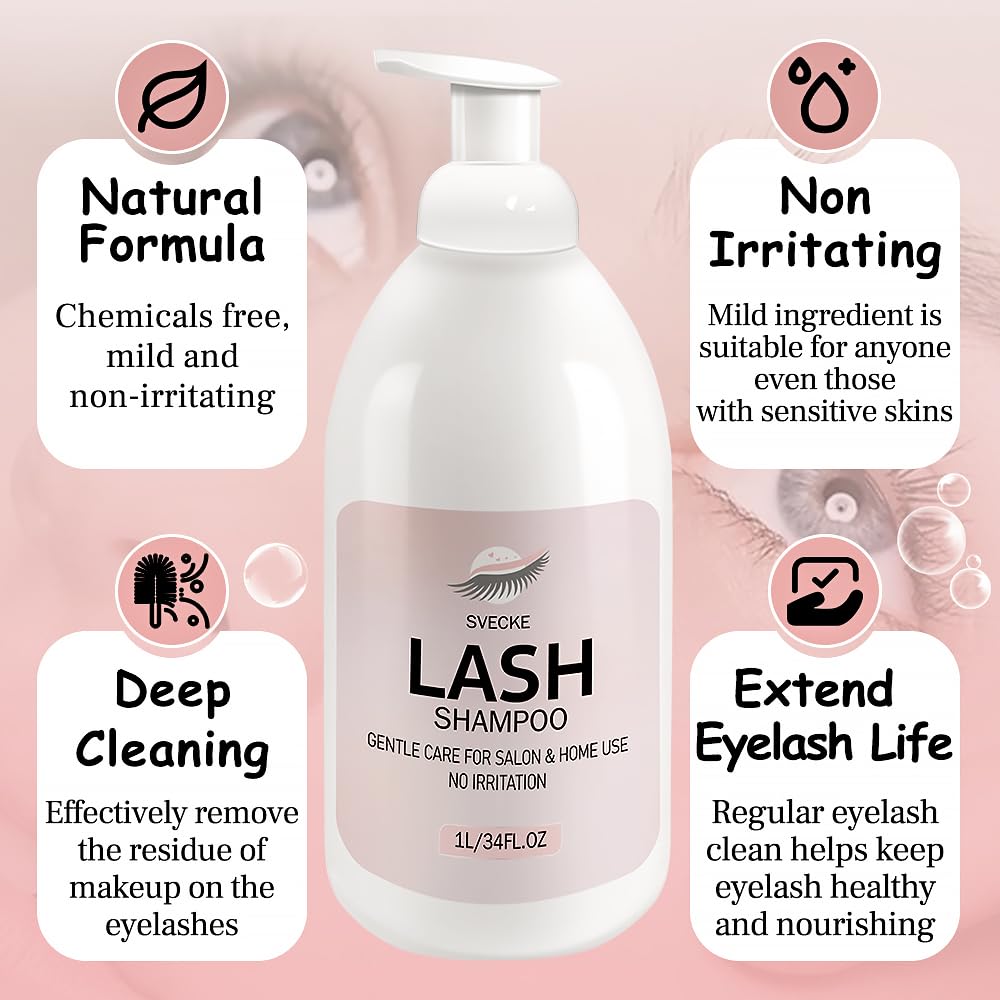 Svecke Lash Shampoo 34 Fl.Oz/1 L, Eyelash Shampoo For Lash Extension, Eyelash Extension Cleanser, Lash Eyelid Foam Cleaning Kit