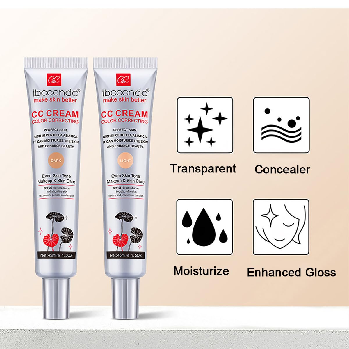 Color Correcting Cc Cream With Spf 25,Full-Coverage Foundation,Hydrating Serum,Refine Skin Texture, Avoid Sun Damage (Light, 45