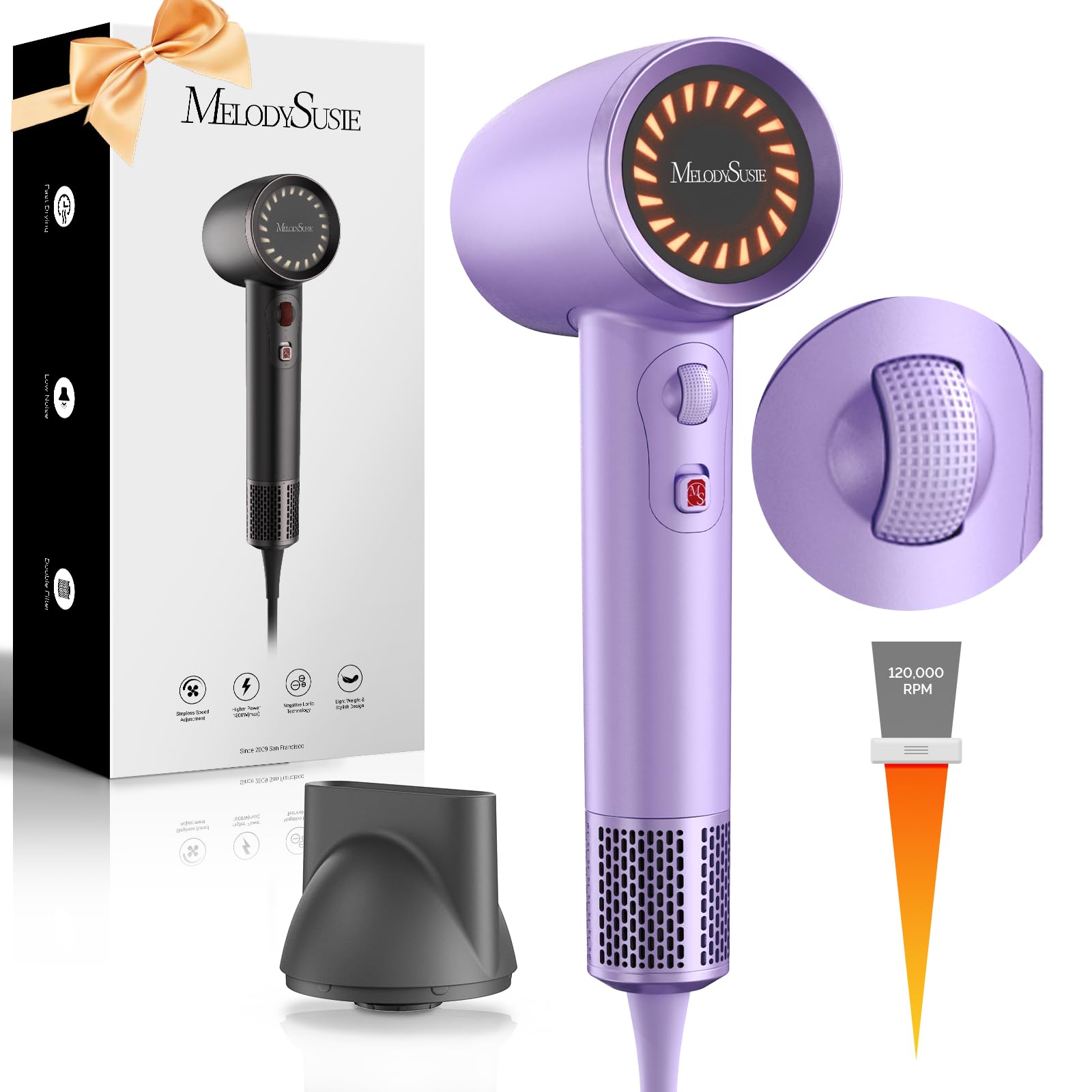 MelodySusie Hair Dryer, 1600W Professional Fast Drying Blow Dryer,120,000 RPM High Speed Ionic Hair Dryer,3 Temps & Stepless Spe