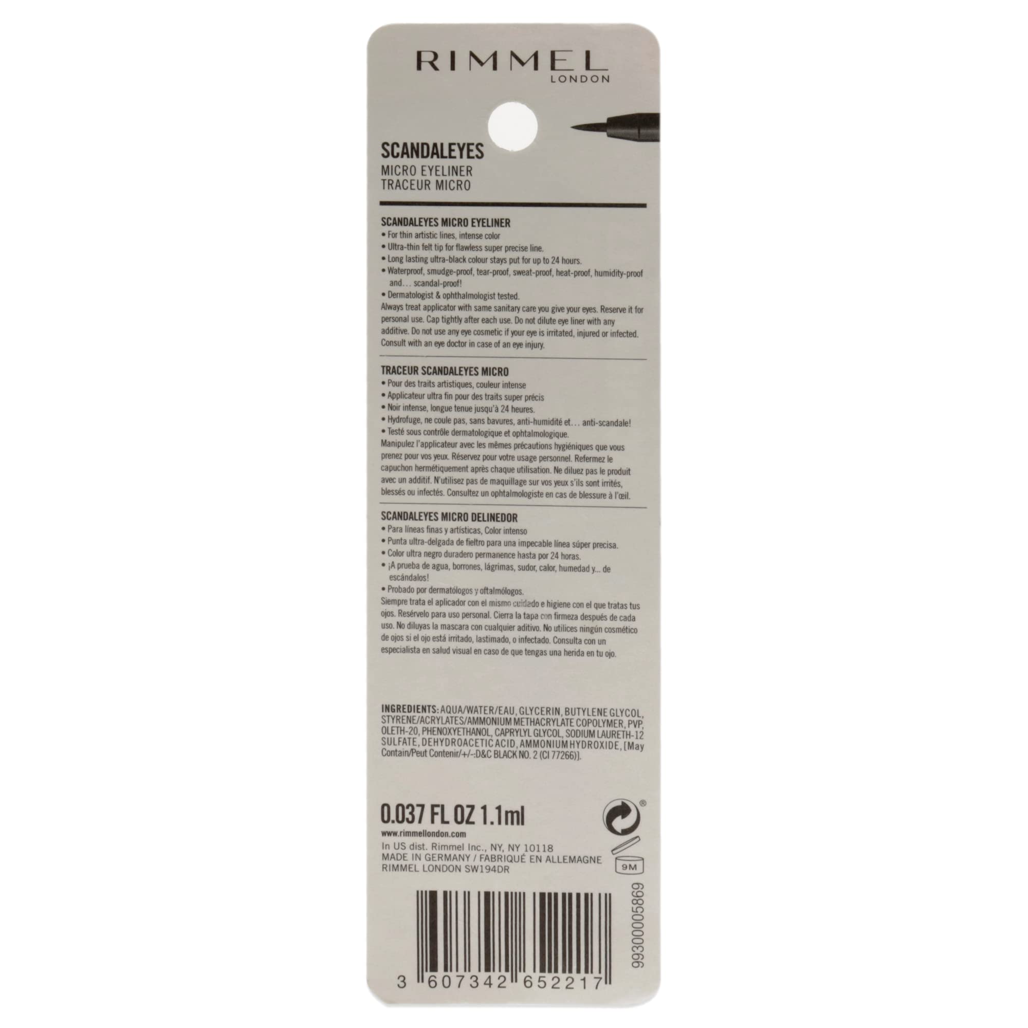 Rimmel London Scandaleyes Micro Eyeliner, Waterproof, Long-Wearing, Smudge-Proof, 001, Black, 0.04Oz