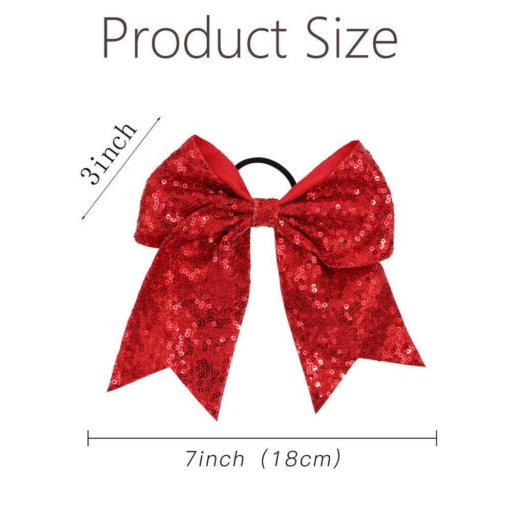 Oaoleer 12Pcs 7'' Large Glitter Cheer Hair Bows Ponytail Holder Elastic Band Handmade For Cheerleading Teen Girls Sports Red