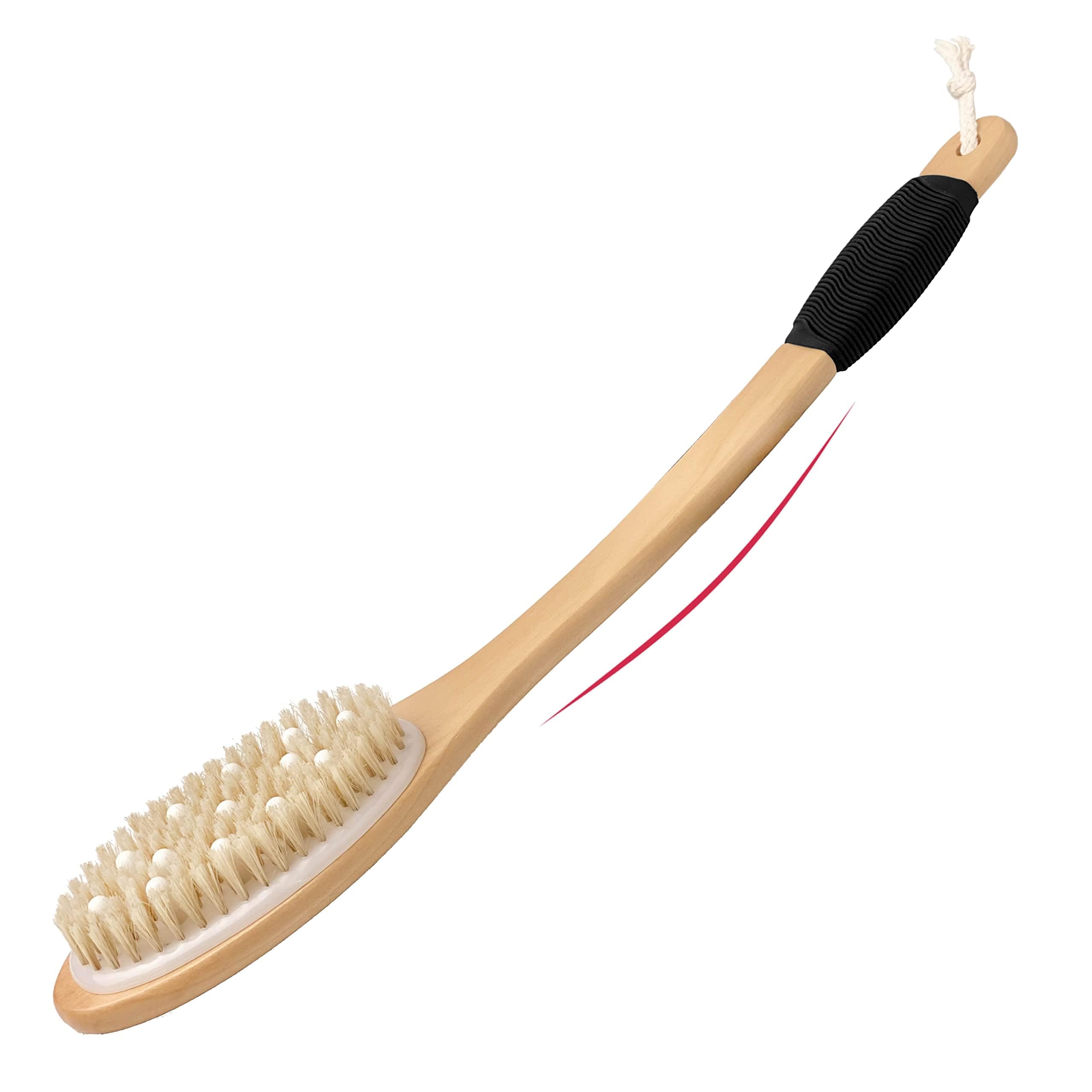 Owiizi Bath Brush With Cellulite Massagers, Wooden Curved Long Handle Antiskid Dry Brushing Body Brush For Exfoliating, Natural