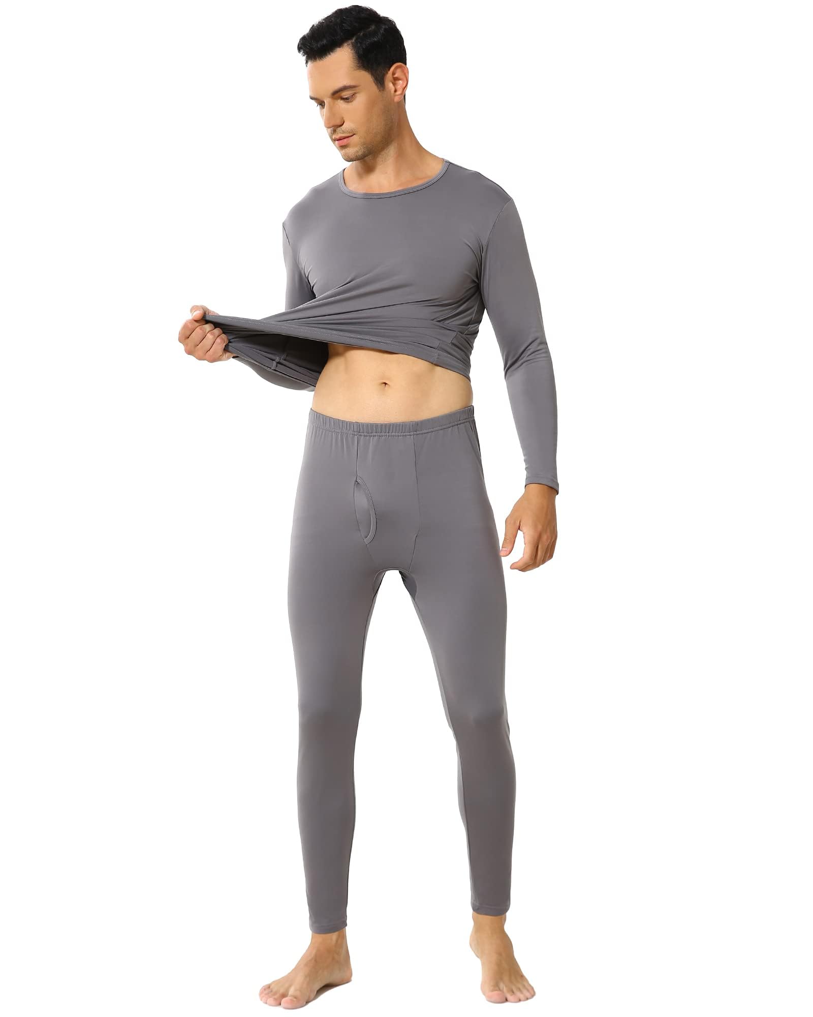 Vicherub Thermal Underwear for Men Fleece Lined Long Johns Base Layer Top and Bottom Set for cold Weather grey M