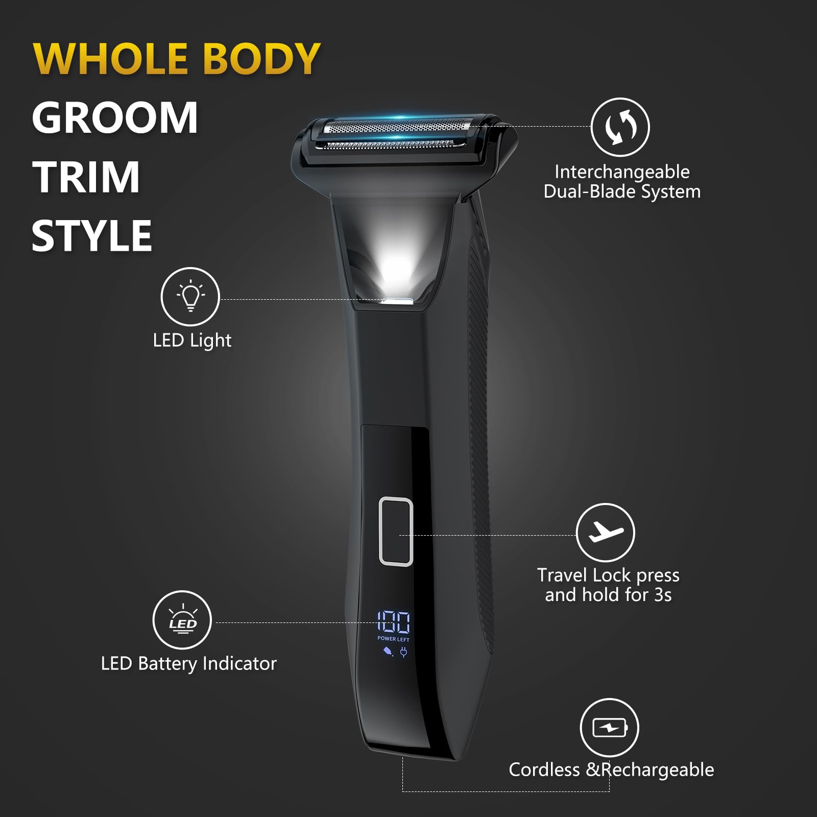 Bomic Manscape Ball Trimmer - 2-in-1 Body & Groin Hair Shaver, IPX7 Waterproof, LED Display, Lightweight, No-Nick Shaving, Travel Lock, Black